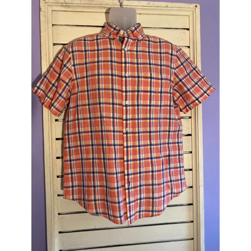 Nautica Mens button down classic fit shirt Small orange blue plaid short sleeve